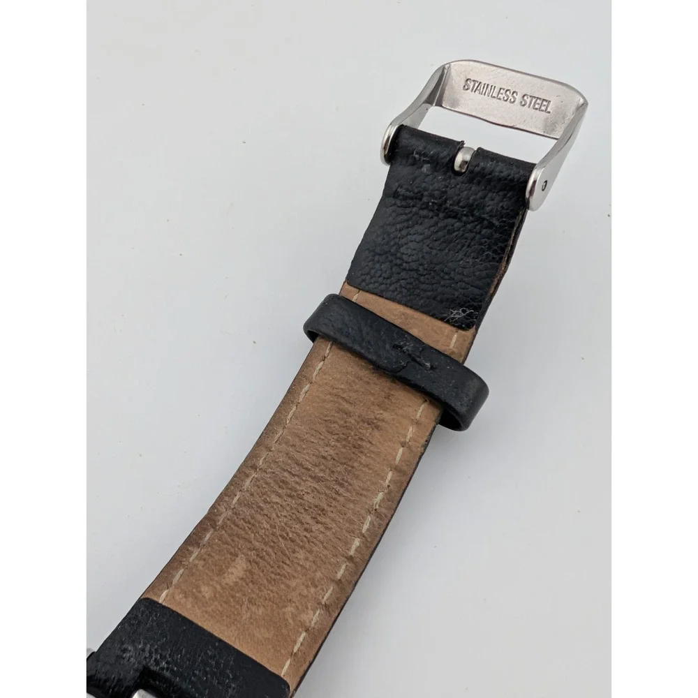 Anne Klein Watch Women 34mm Silver Case Black Leather Band‎ AK/1065 New Battery